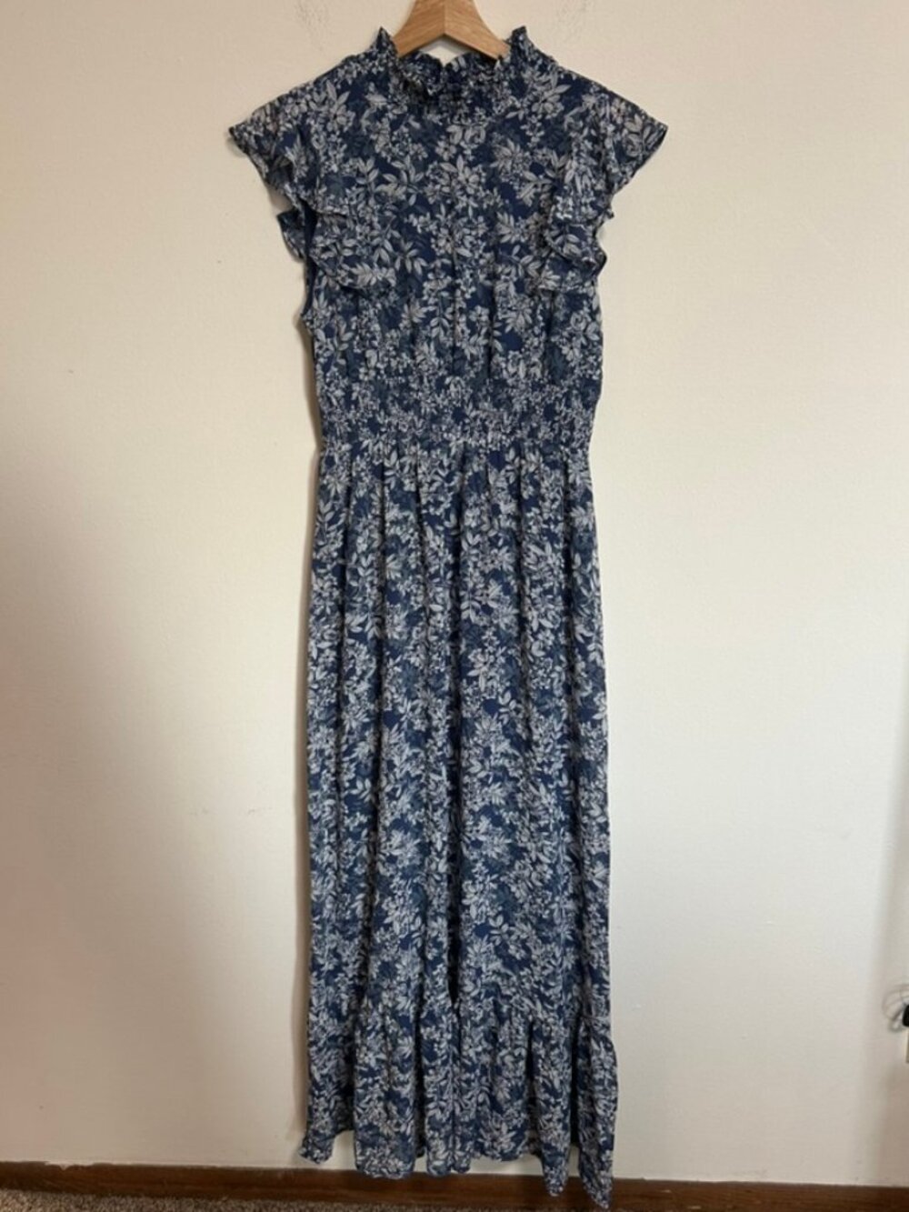 NWT Baltic Born "Kearny Ruffle" Maxi Dress Cap Sleeve Floral Slate Print Sz M